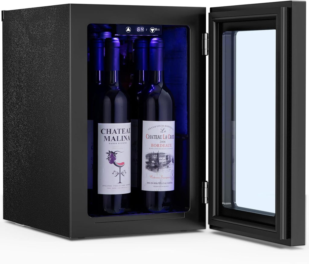 0.6Cu. Ft. Freestanding Wine Cellar Mini Fridge, 4-Bottle Red Wine with 6-Can Beverage Refrigerator, Quiet Compressor, LED Light and Display
