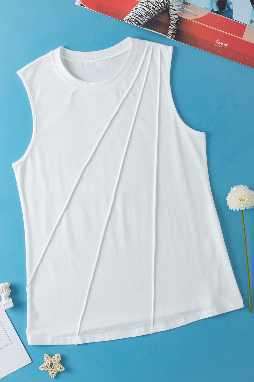 White Pleated Women's Top - Solid Color Crew Neck Design