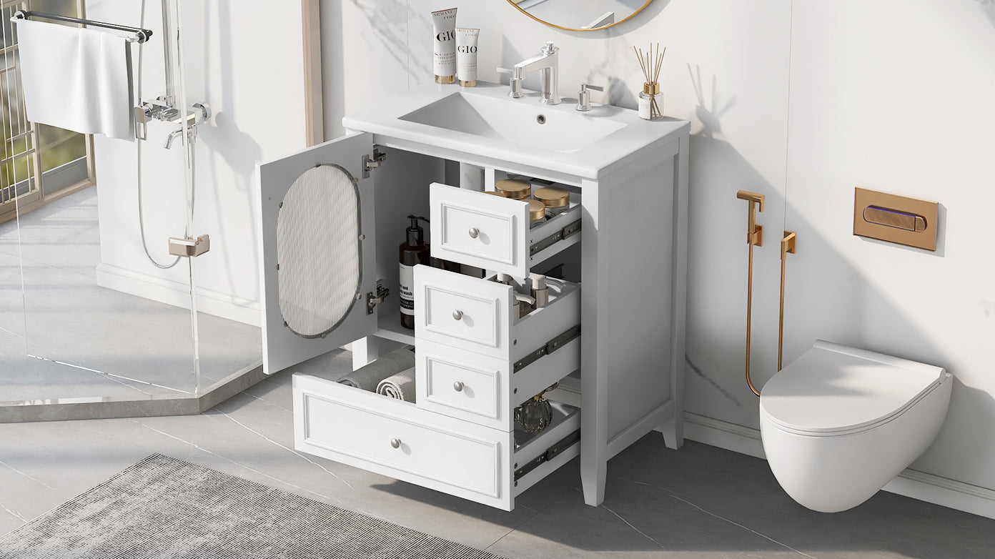 30" Bathroom Vanity with Sink, Bathroom Vanity Cabinet with Three Drawers and Door, Solid Wood and MDF, White