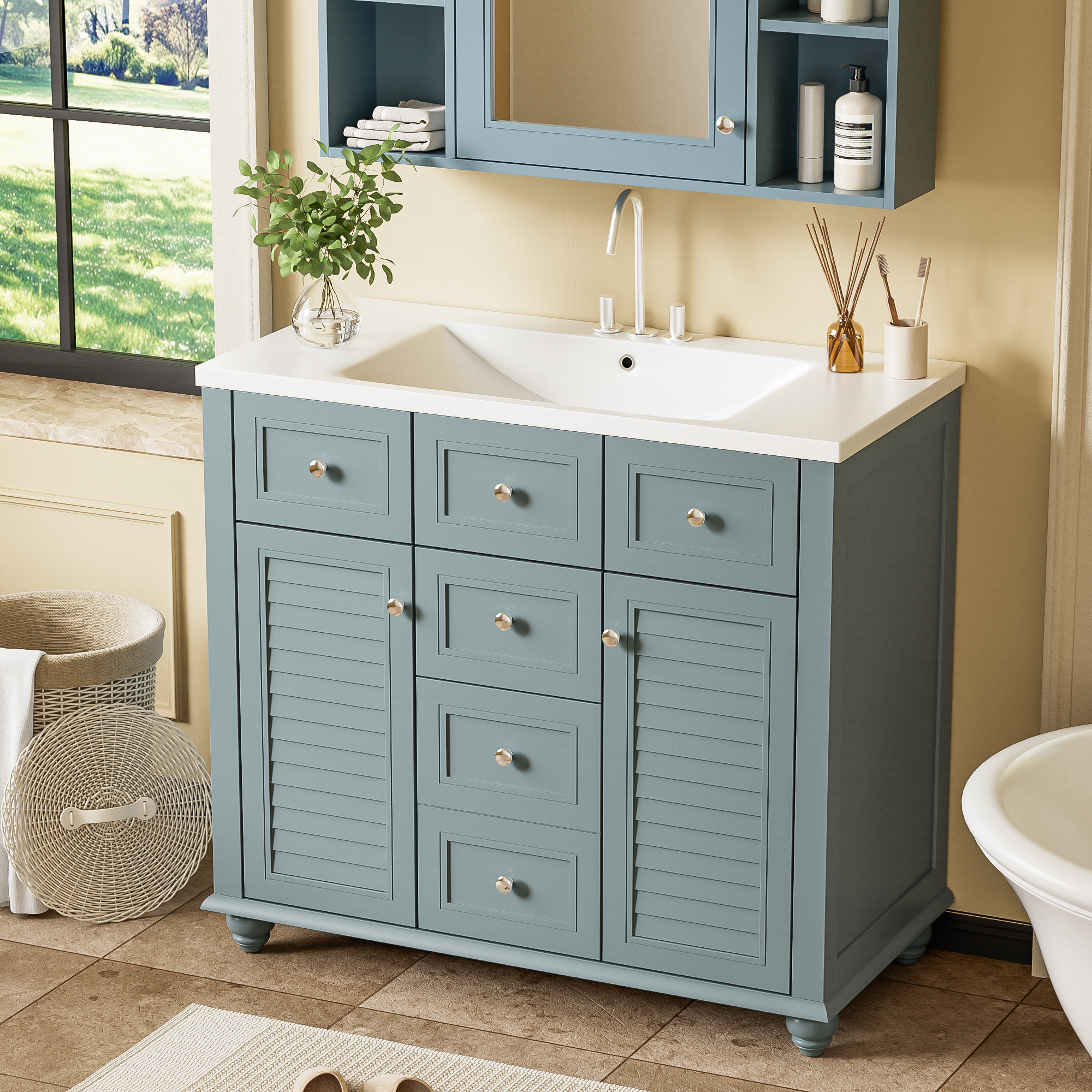 36 "bathroom makeup cabinet with resin sink combination and 2 drawers, with soft closing door, blue color
