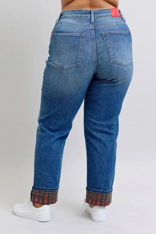 Plaid Cuff Boyfriend Judy Blue Jeans – Mid Rise Straight Leg