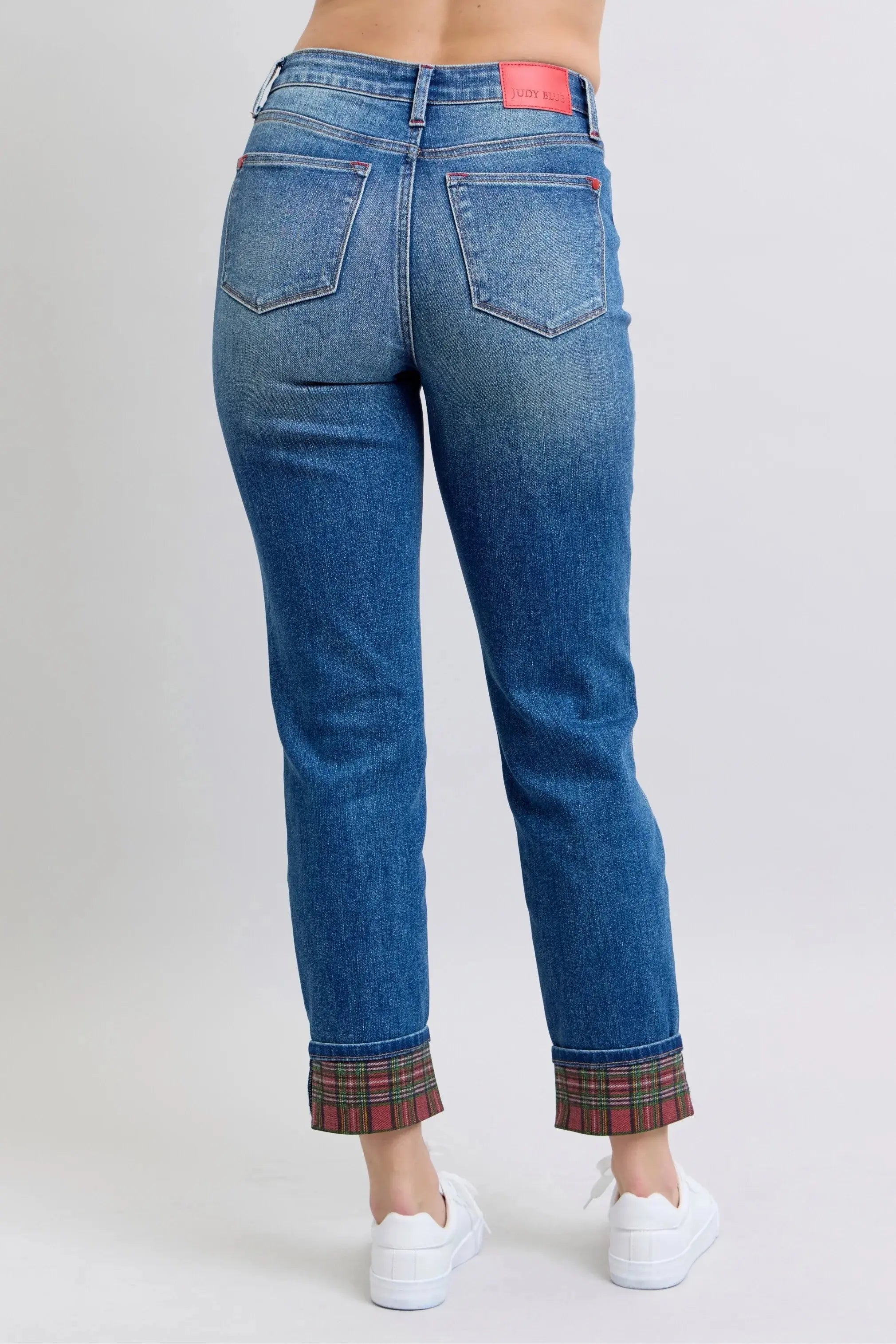 Plaid Cuff Boyfriend Judy Blue Jeans – Mid Rise Straight Leg