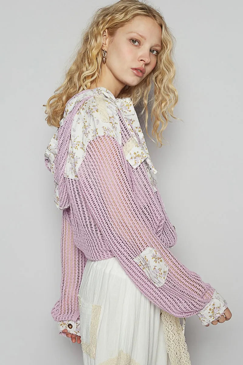 Vintage Washed Crochet Hoodie Jacket With Patchwork