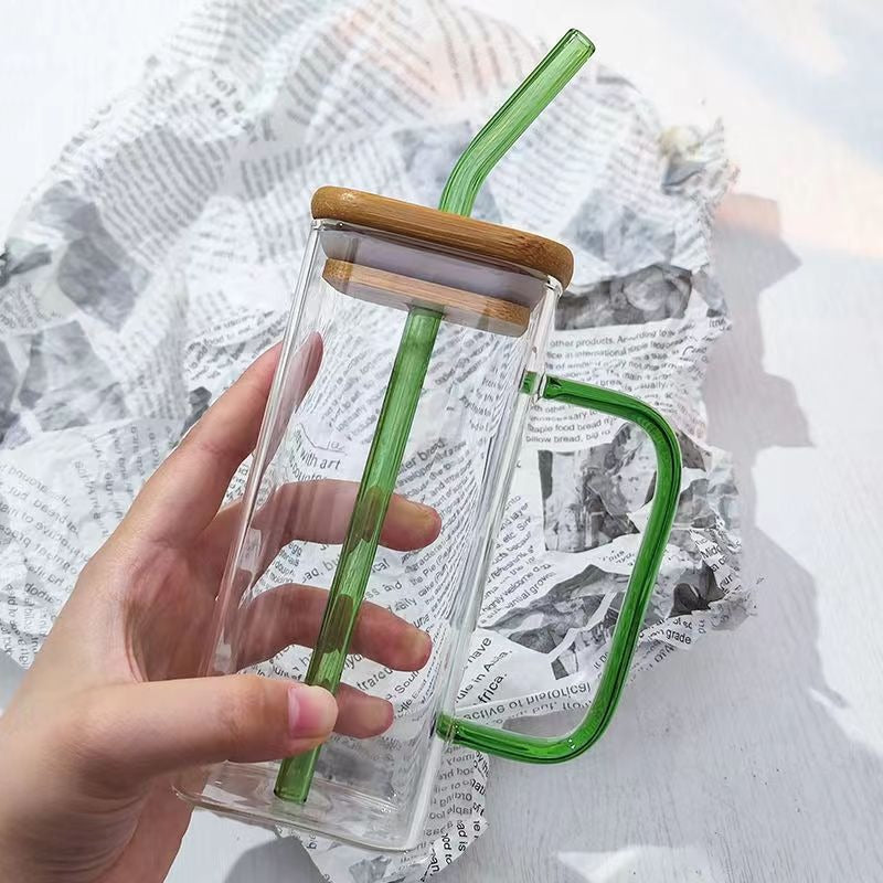 Square colored handle cup glass straw cup with lid milk tea cup with large capacity