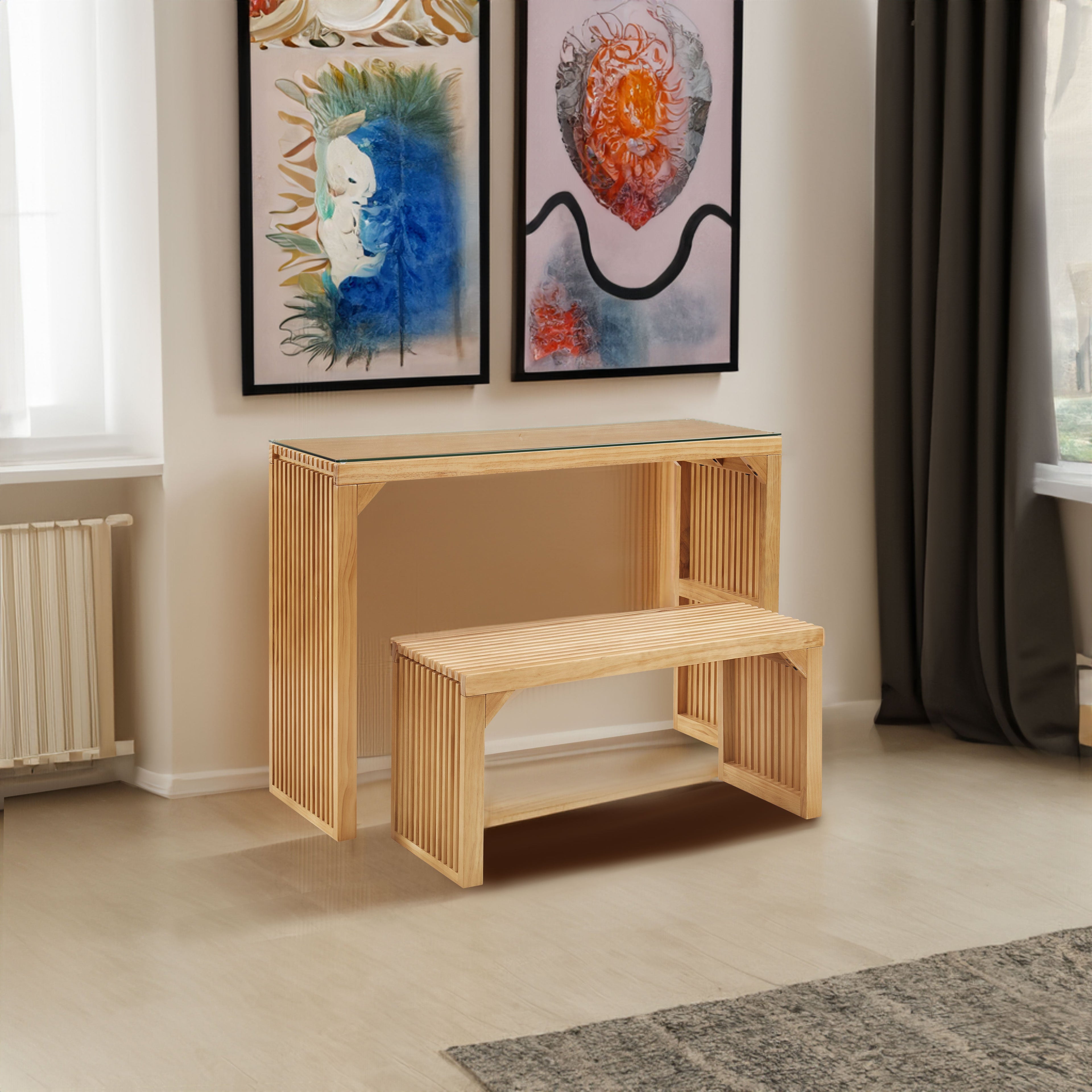 Dining Bench and Table, Pine Indoor Wood Bench for Entryway,Living Room,Kitchen and Bedroom Table (Nature, Long Bench & Table)