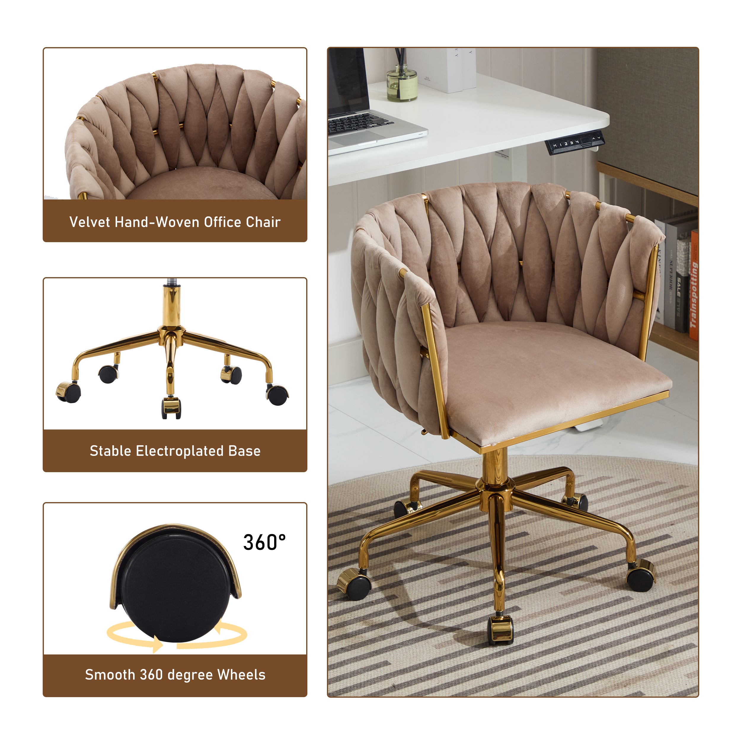Velvet Vanity Chair with Wheels, Accent Chair Makeup Vanity Chair with Hand Woven Backrest (GRAY)