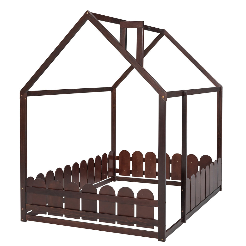 (Slats are not included)Full Size Wood Bed House Bed Frame with Fence for Kids Teens Girls Boys (Espresso )