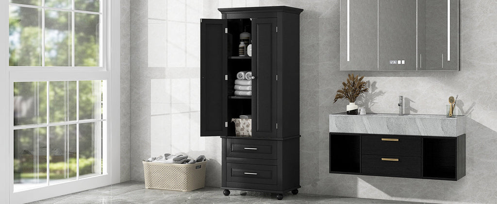 Tall Storage Cabinet with Two Drawers for Bathroom/Office, Black