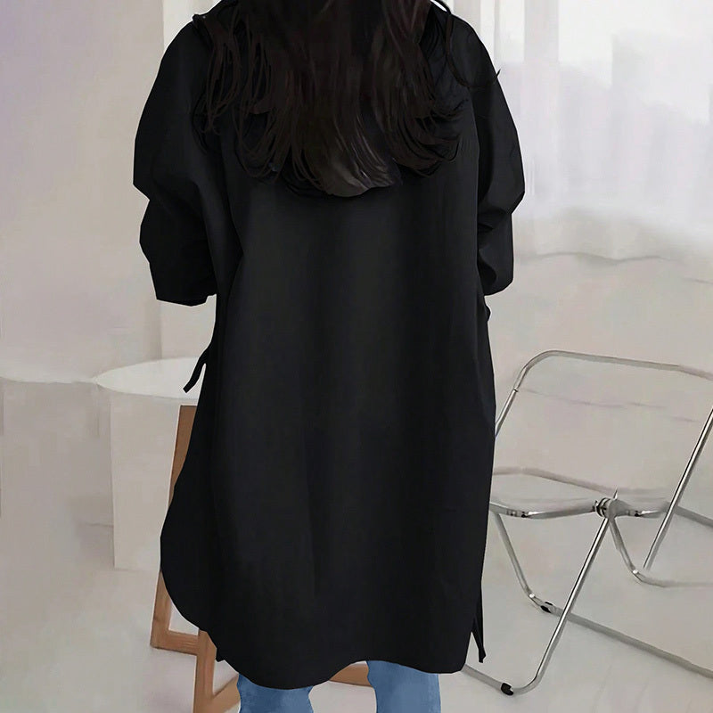 Women's Casual Loose-Fit Long Sleeve Shirt - Side Slit Tie Detail Button-Down Blouse, Solid Color Top