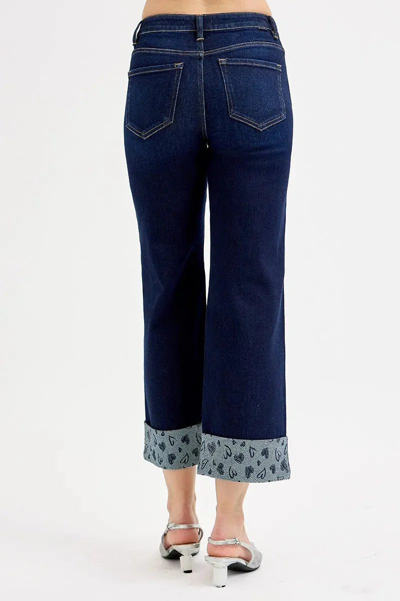 RISEN Jeans - Full Size Mid Rise Fit Crop Wide Leg with Printed Cuff