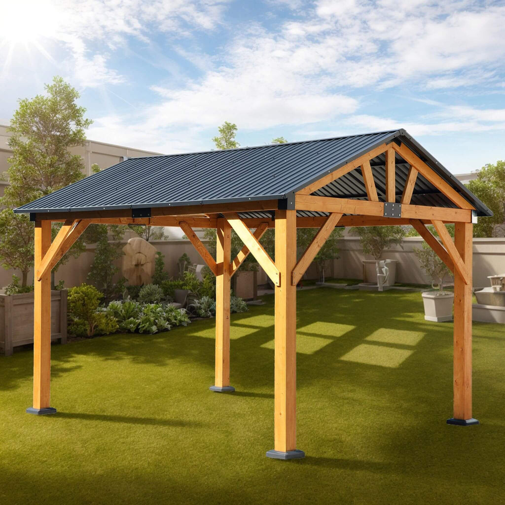 [09X11] Heavy Duty All-Weather Hard Top Wooden Carport Gazebo With Galvanized Steel Roof (SAK39187)