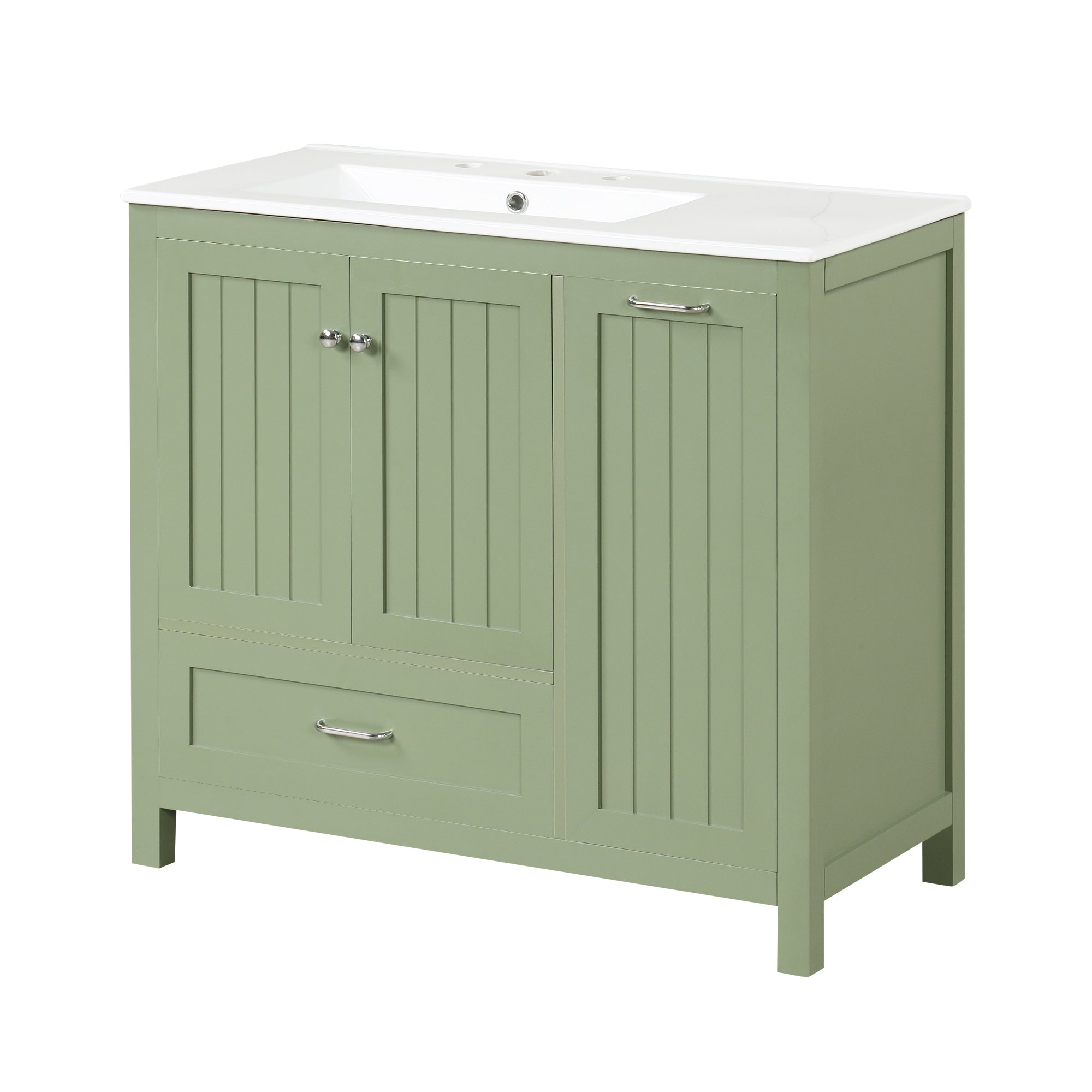 36 inch bathroom vanity with sink, one double door cabinet one large drawer and one flip drawer solid wood and MDF board, green