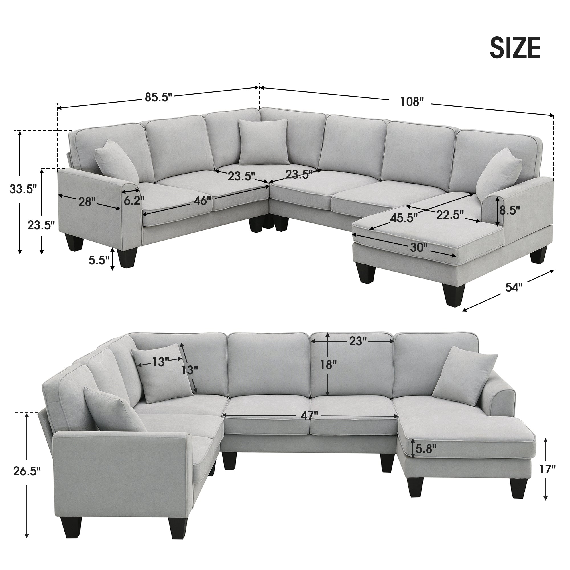 [VIDEO provided] [New] 108*85.5" Modern U Shape Sectional Sofa 7 Seat Fabric Sectional Sofa Set