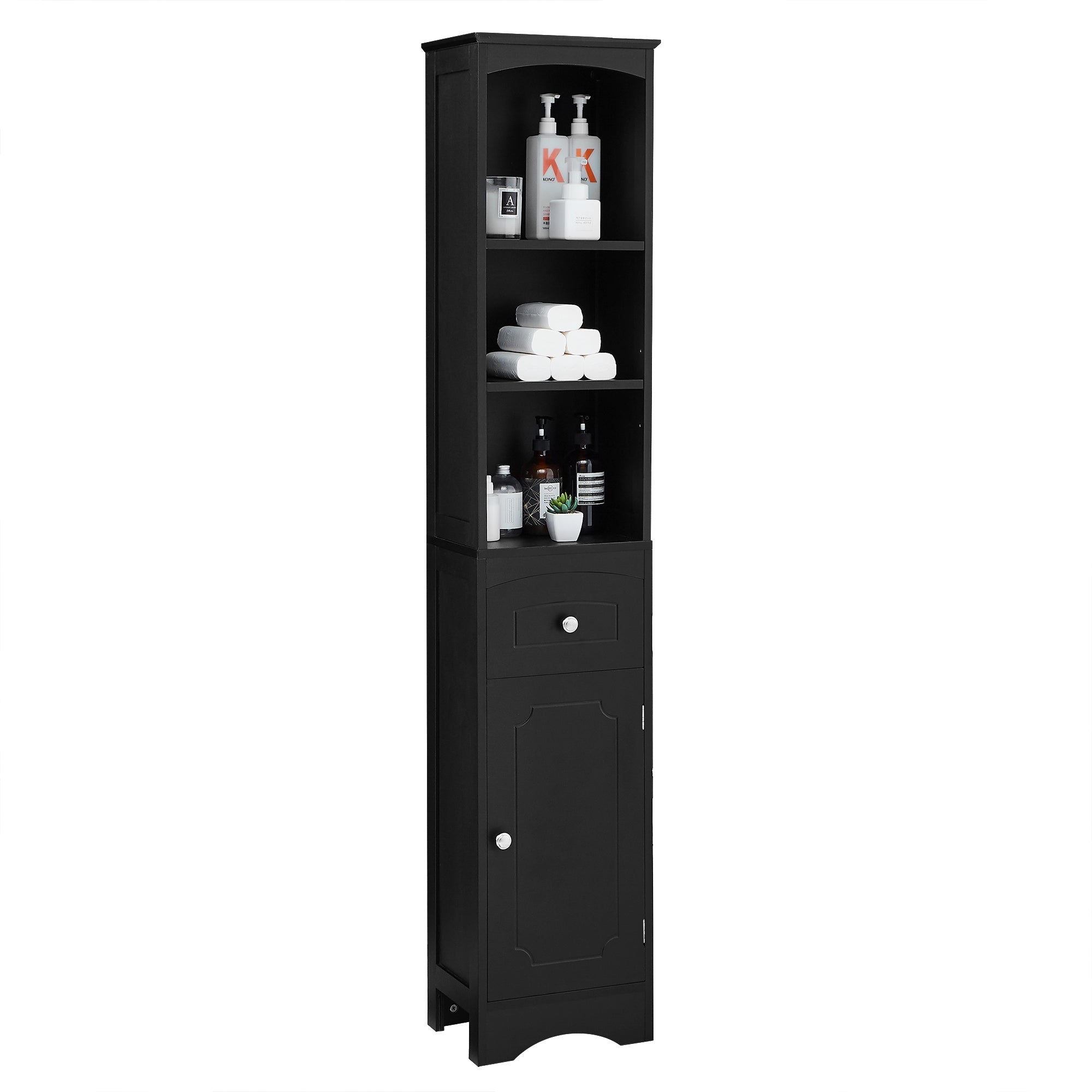 Tall Bathroom Cabinet, Freestanding Storage Cabinet with Drawer, MDF Board, Adjustable Shelf, Black