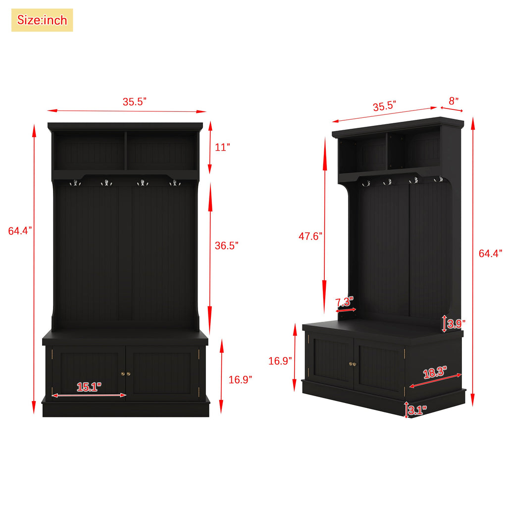 Hall Tree with Storage Shoe Bench for Entryway and Hallway 4-in-1 Design Coat Racks with 4 Hooks for Living Room Black