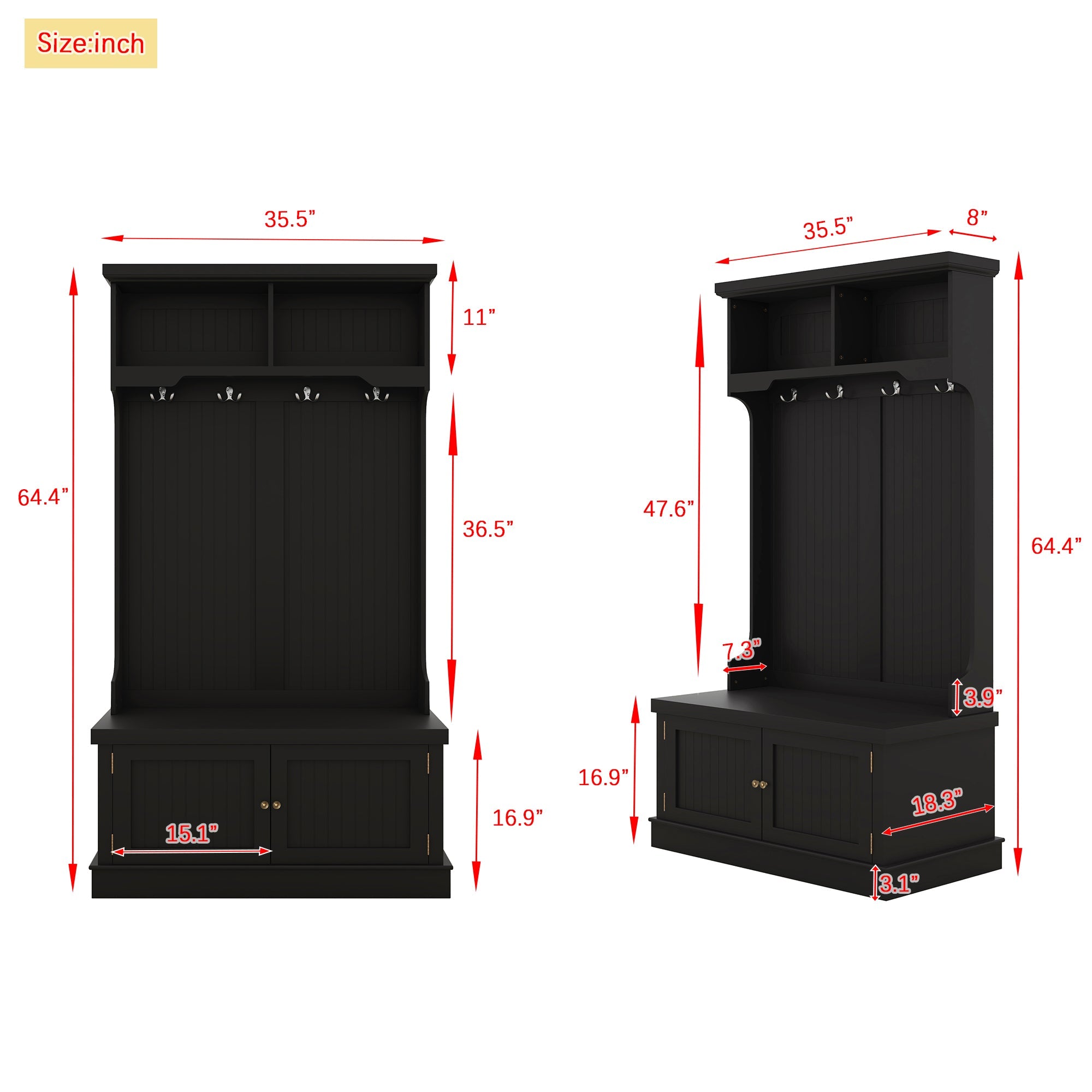 Hall Tree with Storage Shoe Bench for Entryway and Hallway 4-in-1 Design Coat Racks with 4 Hooks for Living Room Black