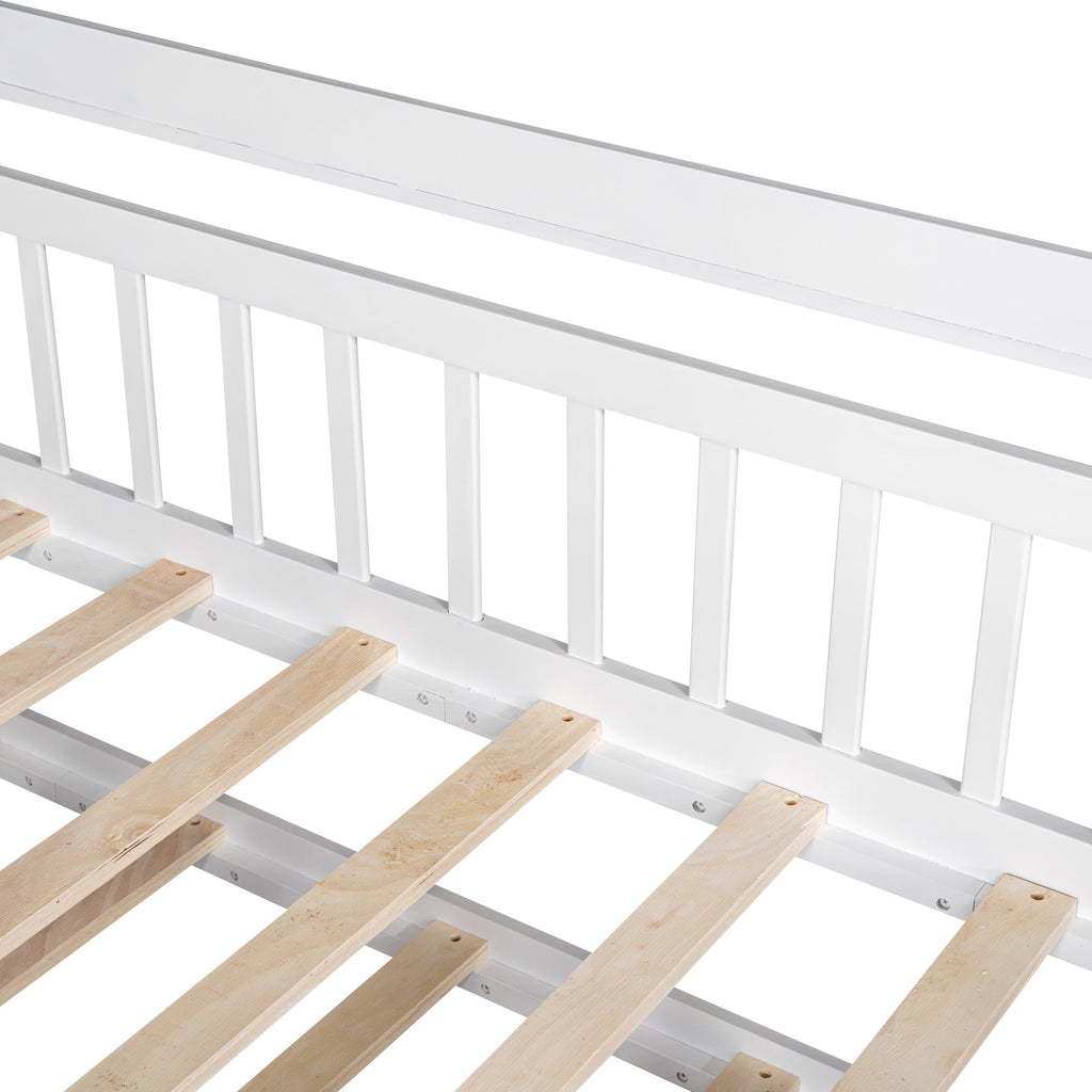 Wooden Twin Size House Bed with Trundle Kids Bed with Shelf White