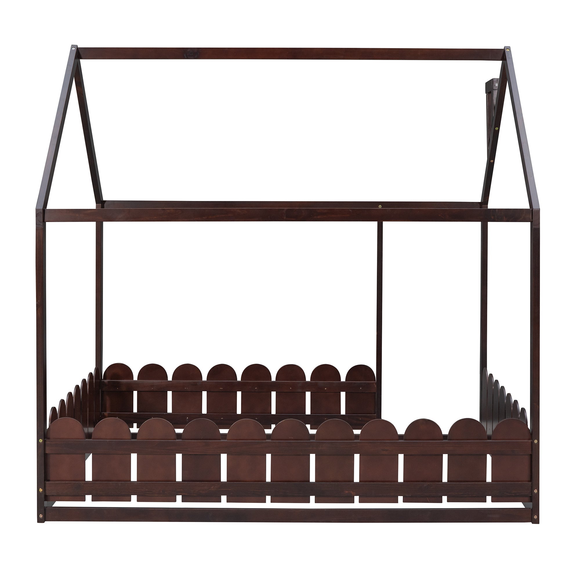 (Slats are not included)Full Size Wood Bed House Bed Frame with Fence for Kids Teens Girls Boys (Espresso )