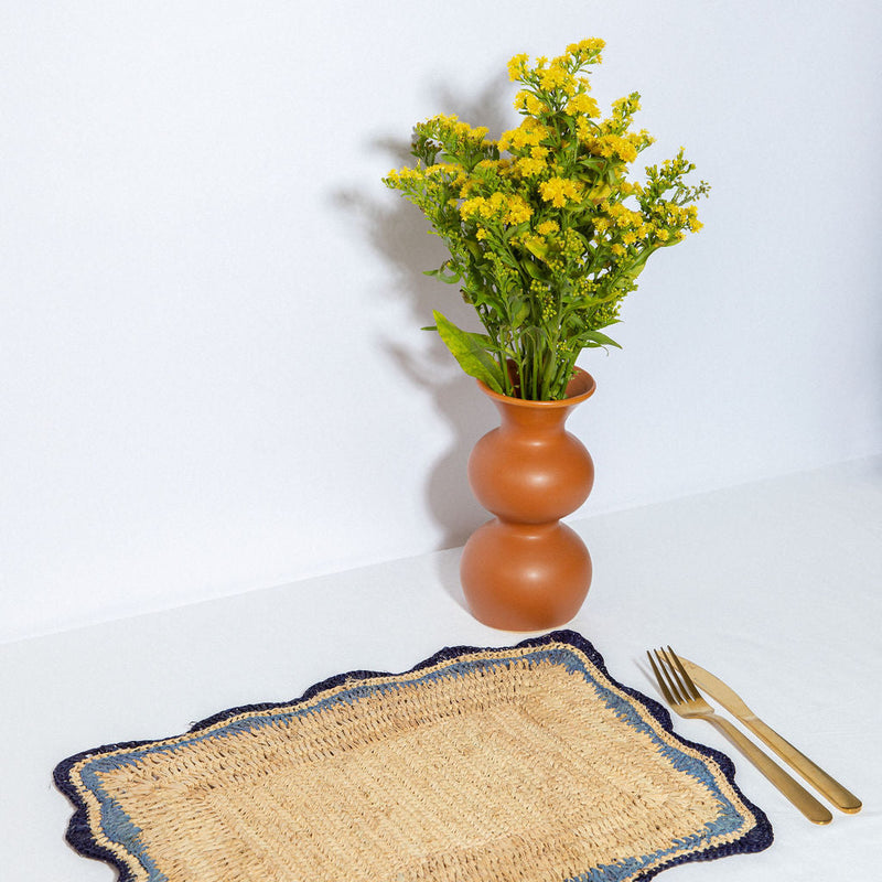 Garden Party placemats with Blue Edges, Handmade Woven Rectangular Table Mats, Natural raffia boho Placemat for Dining Table