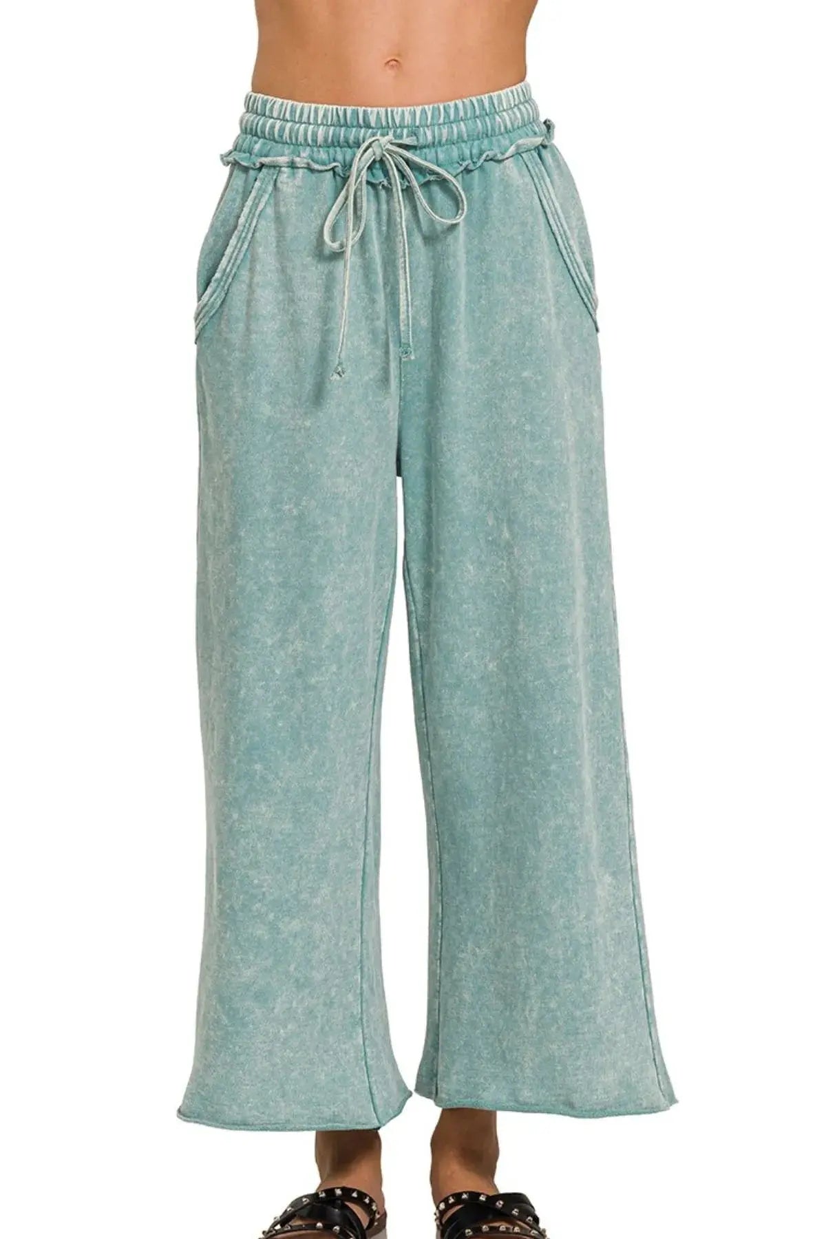 Zenana Washed French Terry Womens Palazzo Pants with Pockets