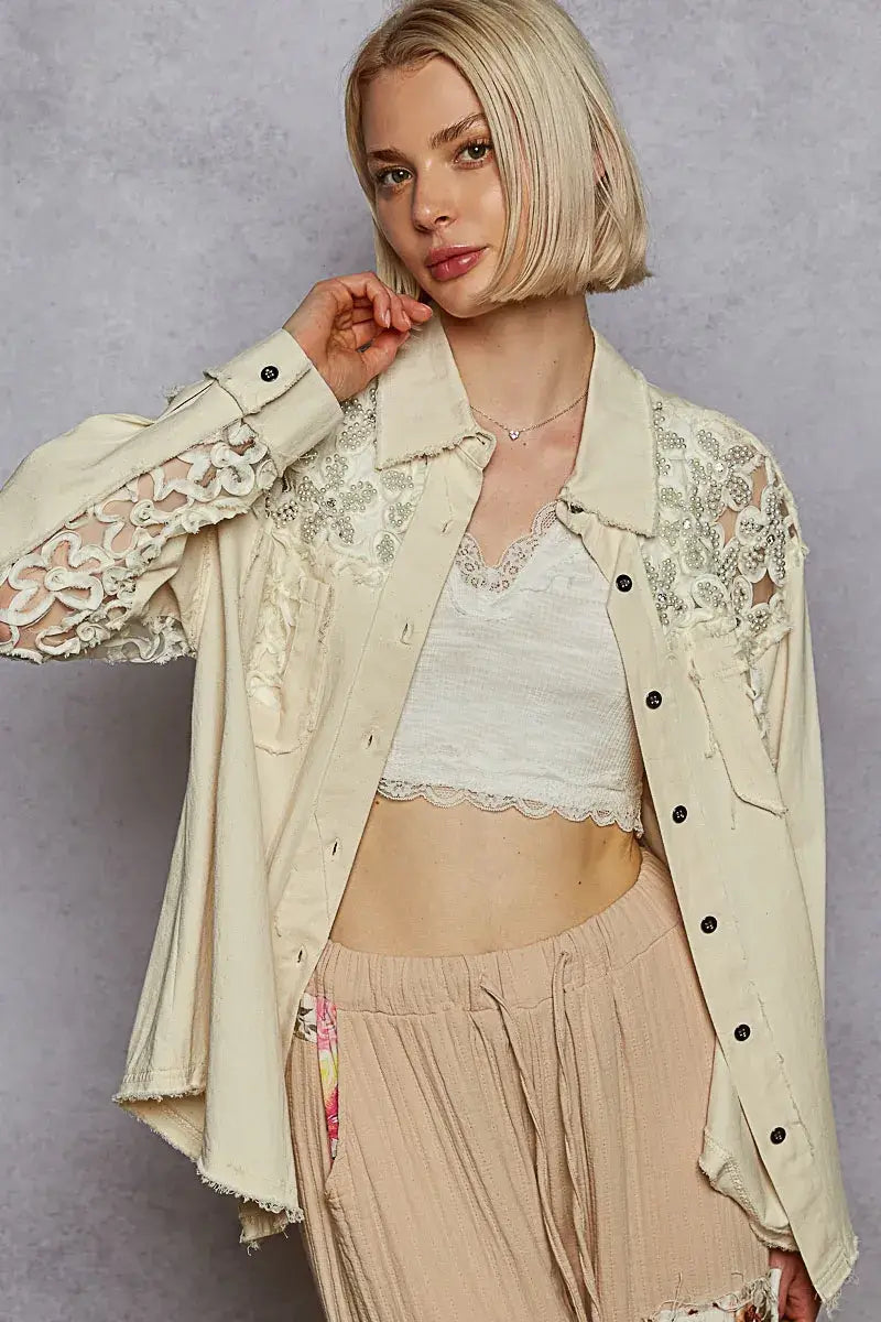 POL Button Down Raw Edg Shirt with Pearl Lace Patch