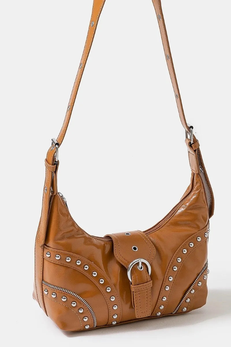 Fame Faux Leather Studded Trim Shoulder Bag Crossbody
