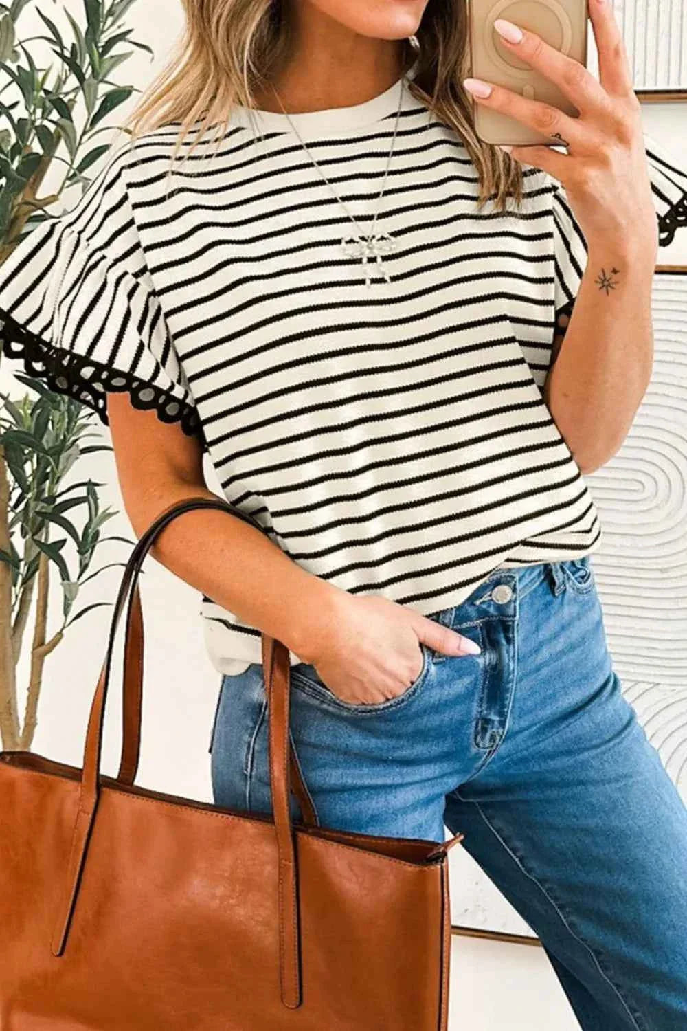 Striped Ruffle Sleeve Blouse with Round Neck