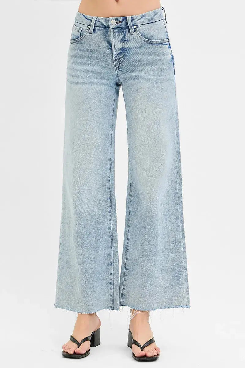 Full Size Tummy Control Low Rise Wide Leg Raw Cut Hem RISEN Jeans