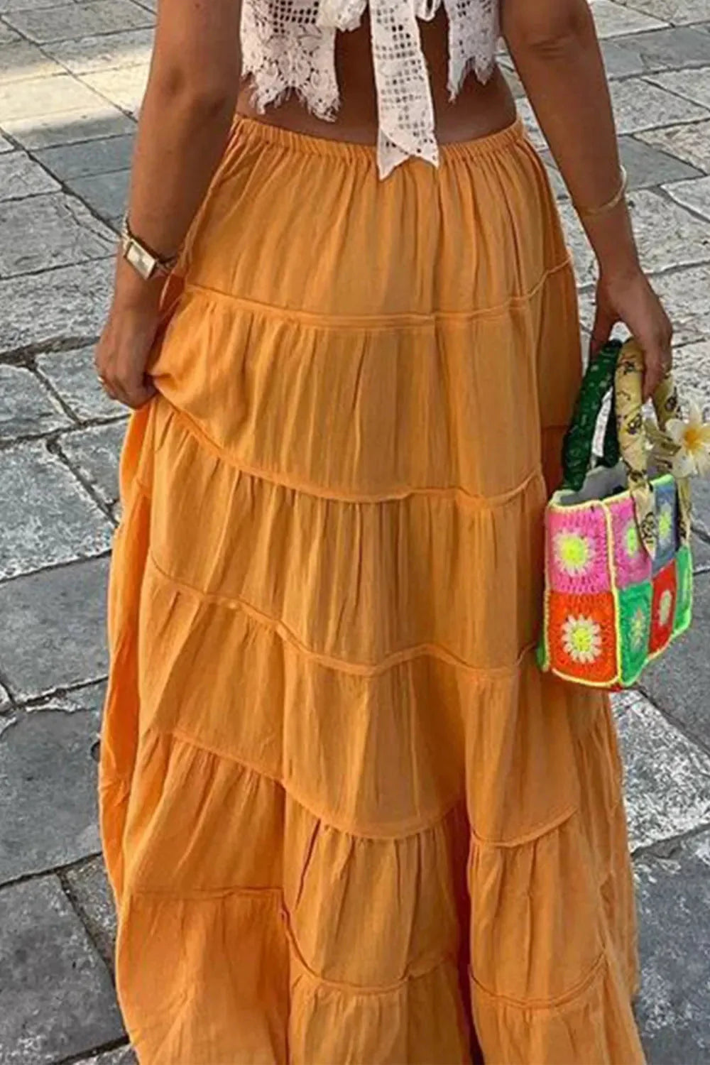 Boho Tiered Maxi Skirt with Drawstring Waist