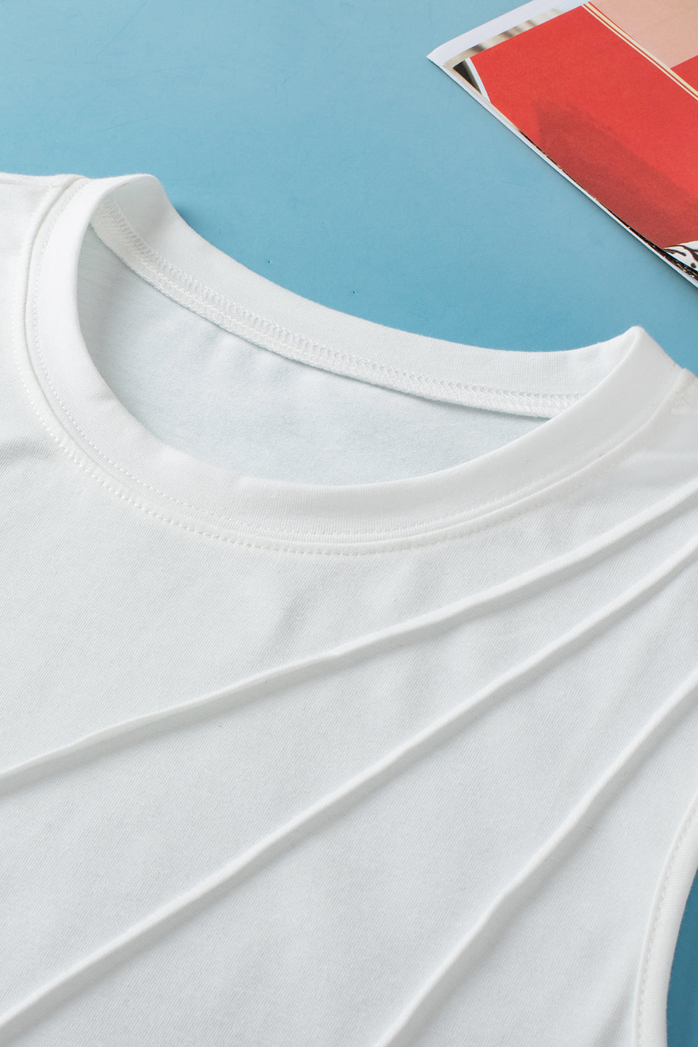 White Pleated Women's Top - Solid Color Crew Neck Design