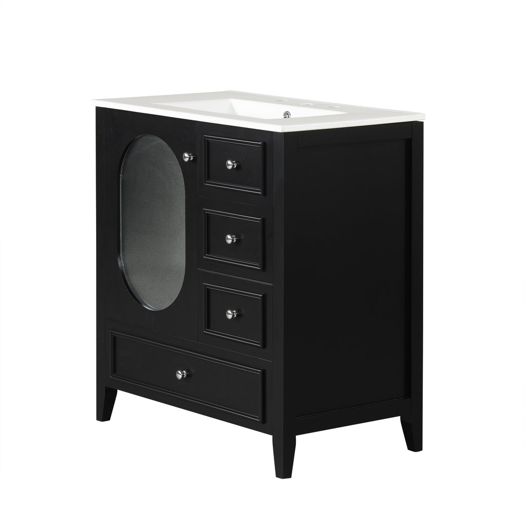 30" Bathroom Vanity with Sink, Bathroom Vanity Cabinet with Three Drawers and Door, Solid Wood and MDF, Black