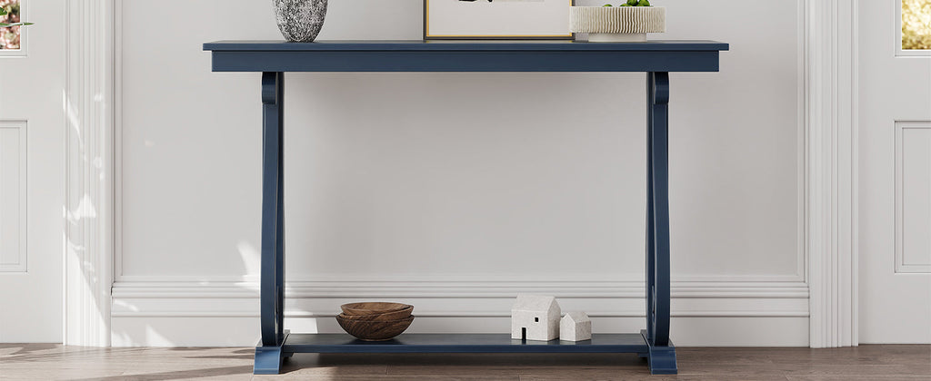 48-Inch Rustic Vintage Console Table --- Farmhouse Style Entryway Table with Open Shelf and Sturdy Construction (Navy)