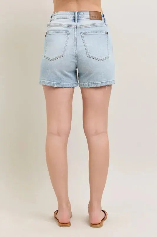 Judy Blue Jeans - Plus Size Frayed Hem High Rise Denim Shorts with Pockets