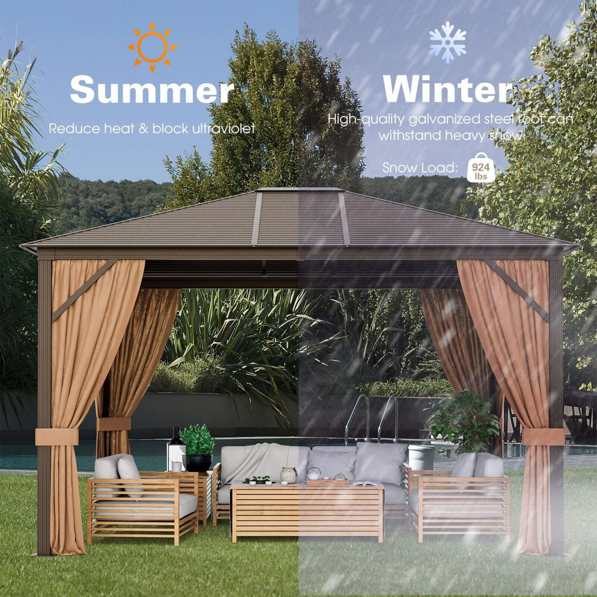 [10x12FT] Premium Outdoor Hardtop Patio Gazebo W/ Galvanized Steel Top & Aluminum Frame (SAK74065)
