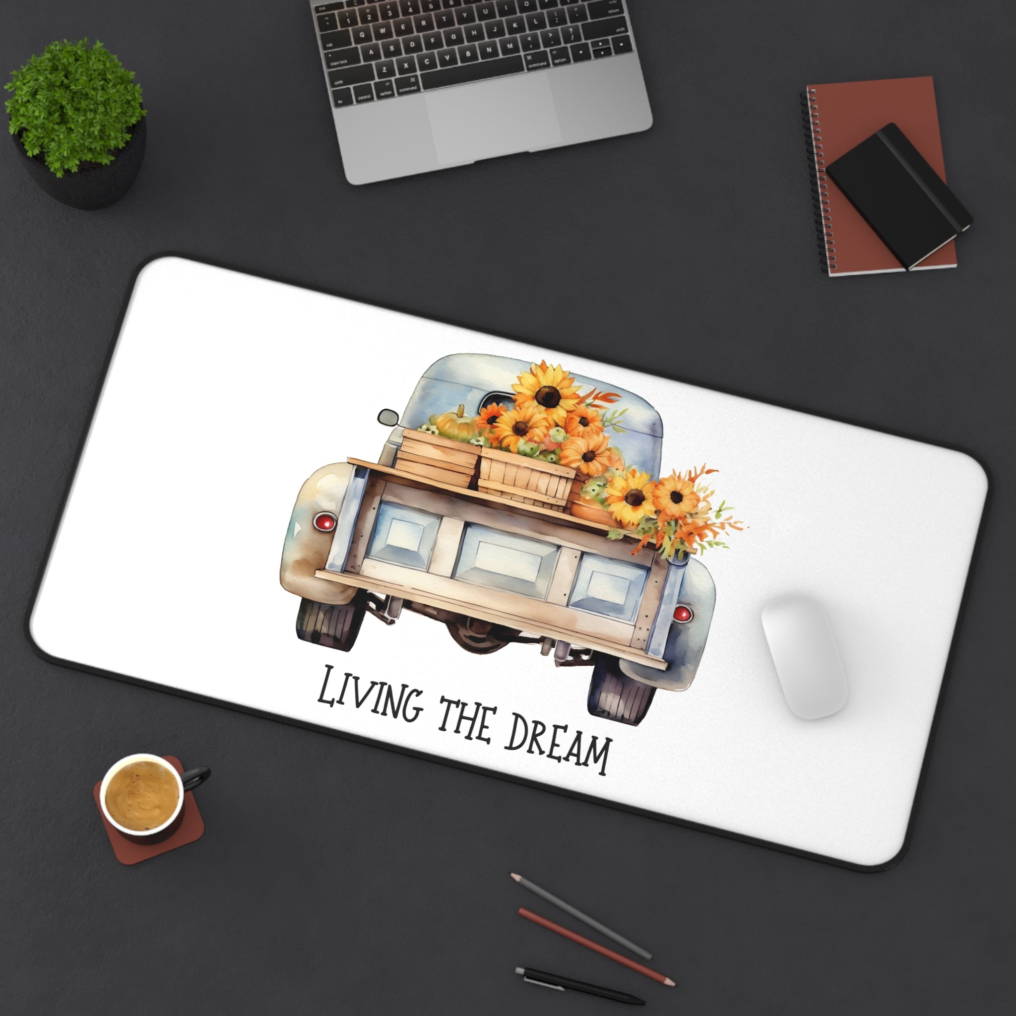 Rustic Desk Mat with Sunflowers - Living the Dream Office Decor, Gamer Mat, Gift for Home Office, Vintage Car Design, Boho Style