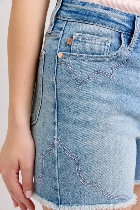 Judy Blue Jeans - Plus Size High Waist Western Embroidery Detail Cut Off Denim Shorts