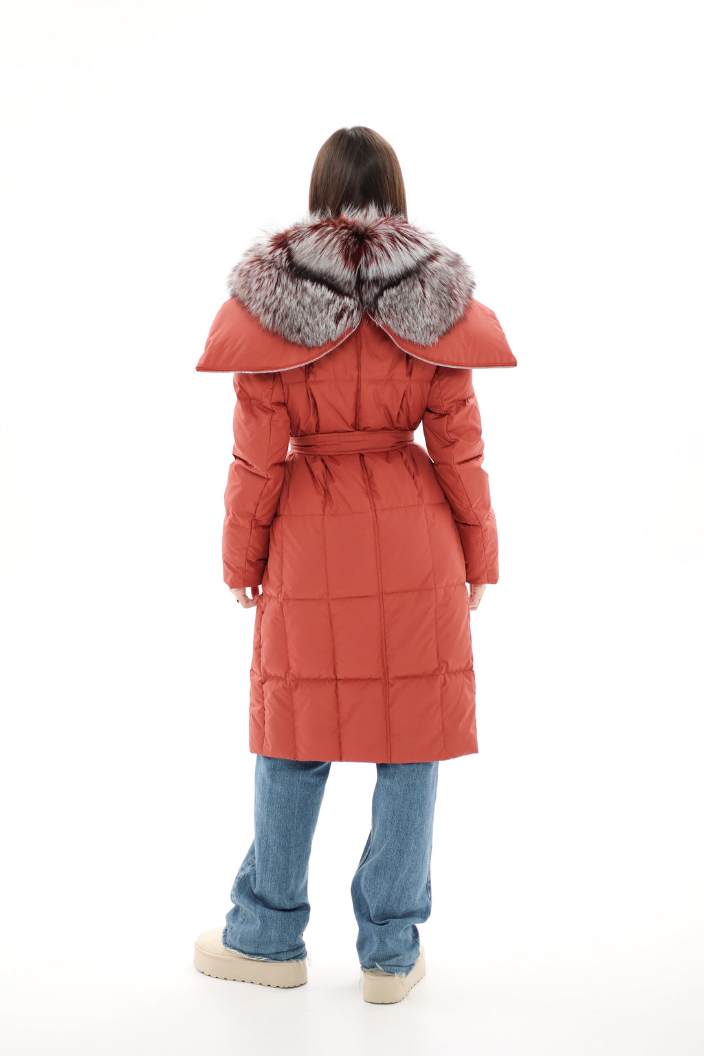 Genuine Silver Fox Fur Trim Down Coat