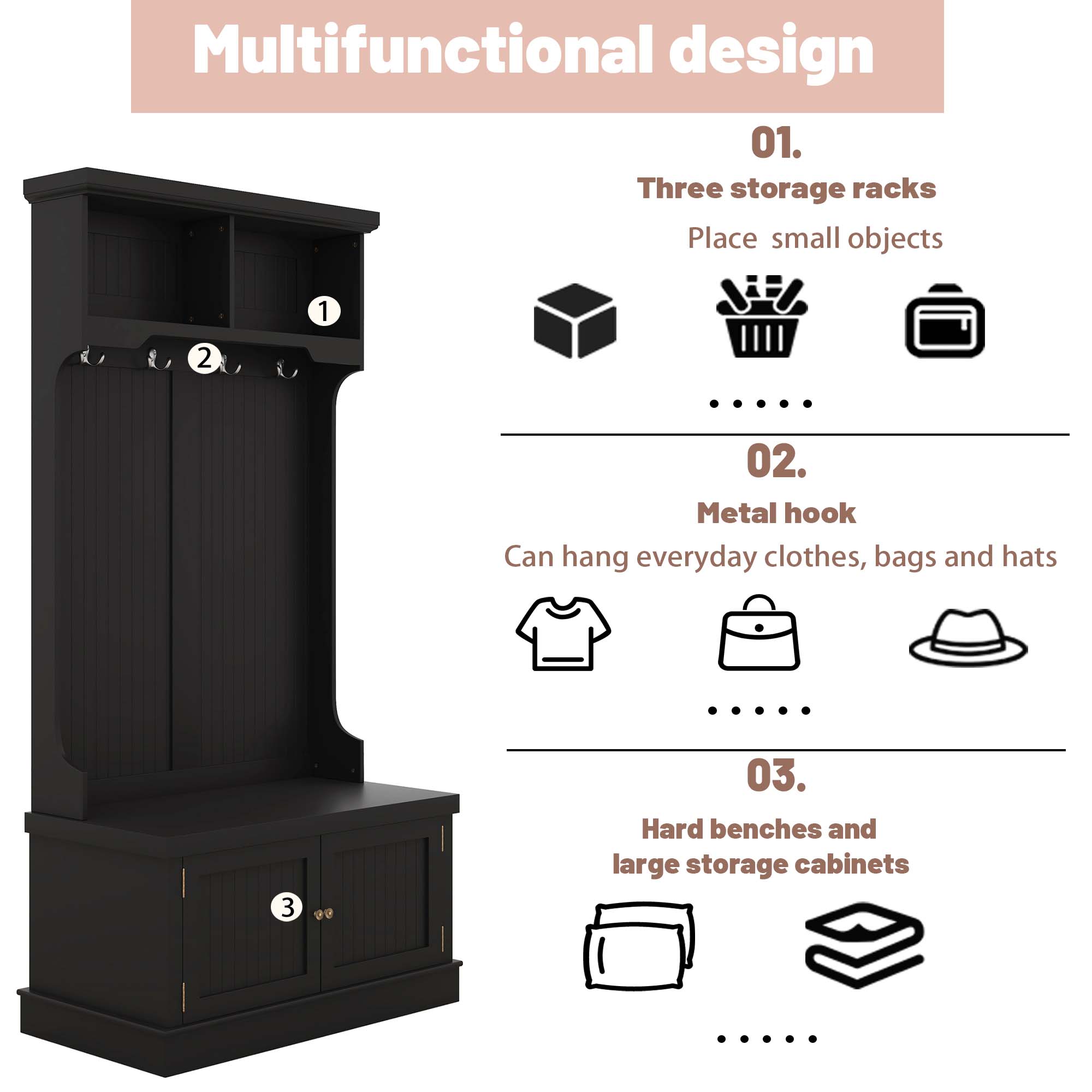 Hall Tree with Storage Shoe Bench for Entryway and Hallway 4-in-1 Design Coat Racks with 4 Hooks for Living Room Black