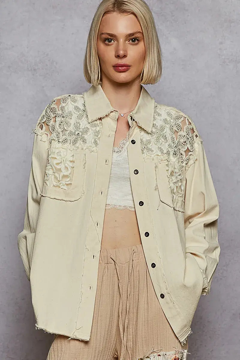 POL Button Down Raw Edg Shirt with Pearl Lace Patch