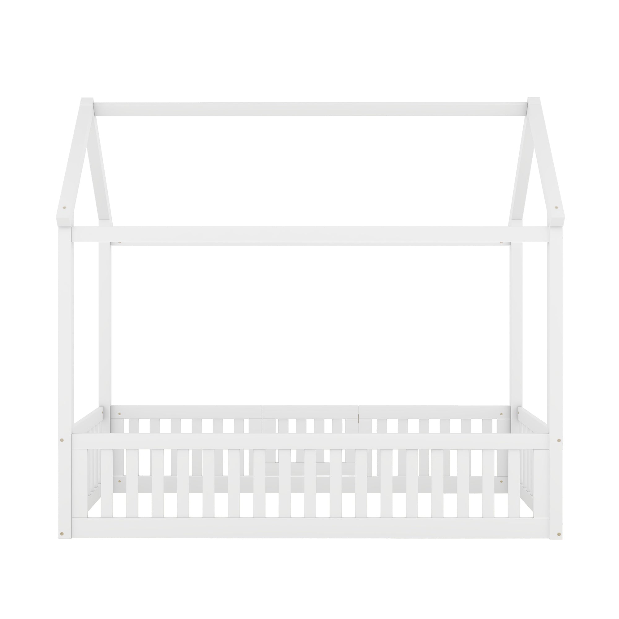 Twin Size Wood House Bed with Fence and Door, White