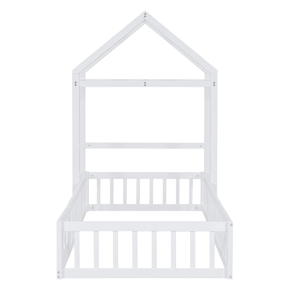 Wooden Twin Size Children's Bed with Detachable Headboard and Integrated Clothes Drying Rack, White