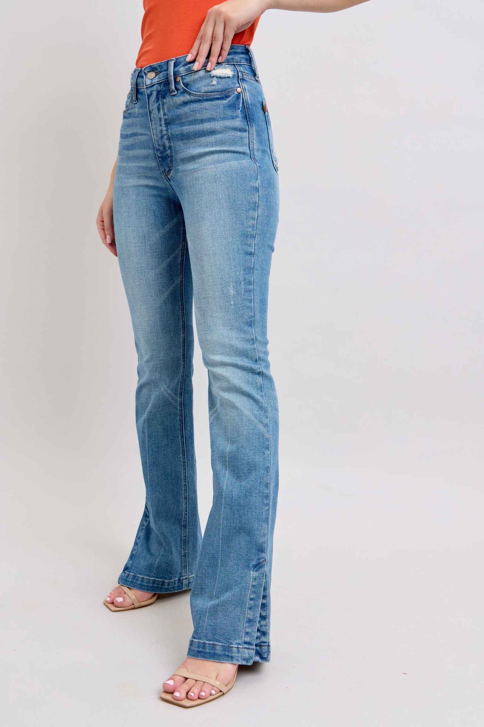 Judy Blue Tummy Control Bootcut Jeans with Vintage Wash and Side Slit Women's Jeans