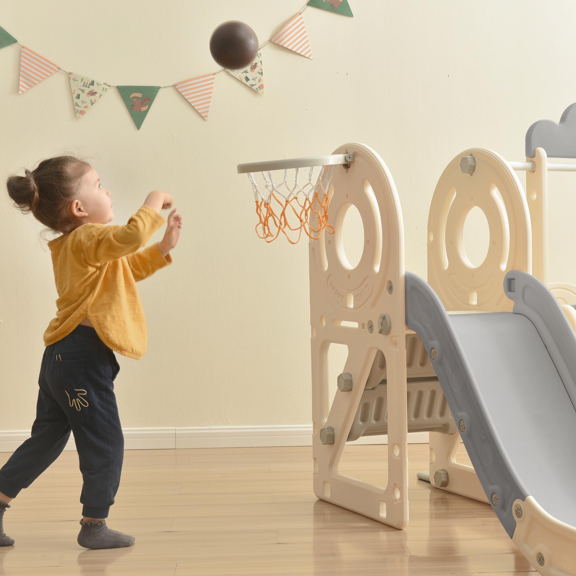 Kids Slide with Bus Play Structure Freestanding Bus Toy with Slide for Toddlers Bus Slide Set with Basketball Hoop