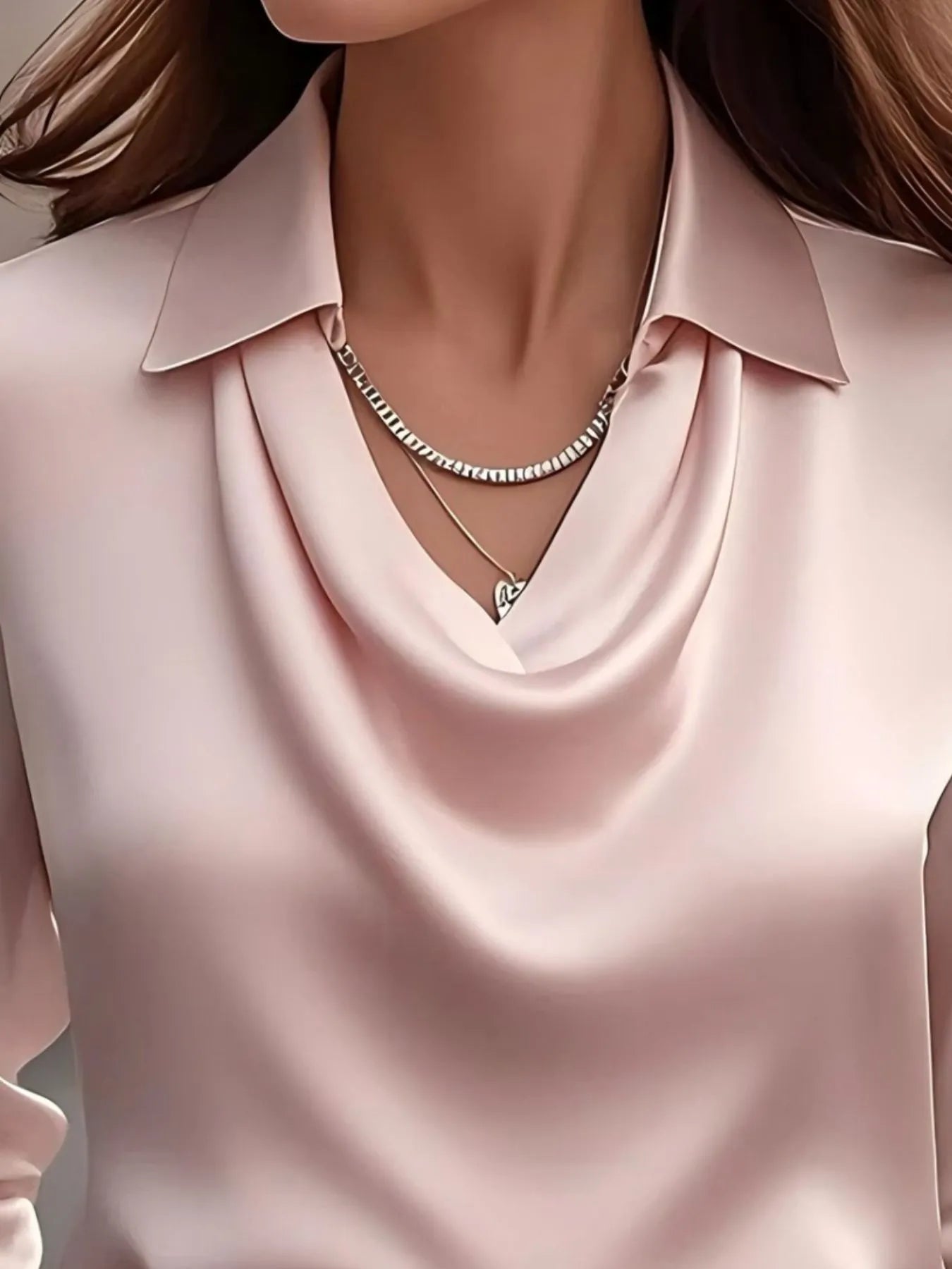 Satin Collar Long Sleeve Blouse for Women Office Wear