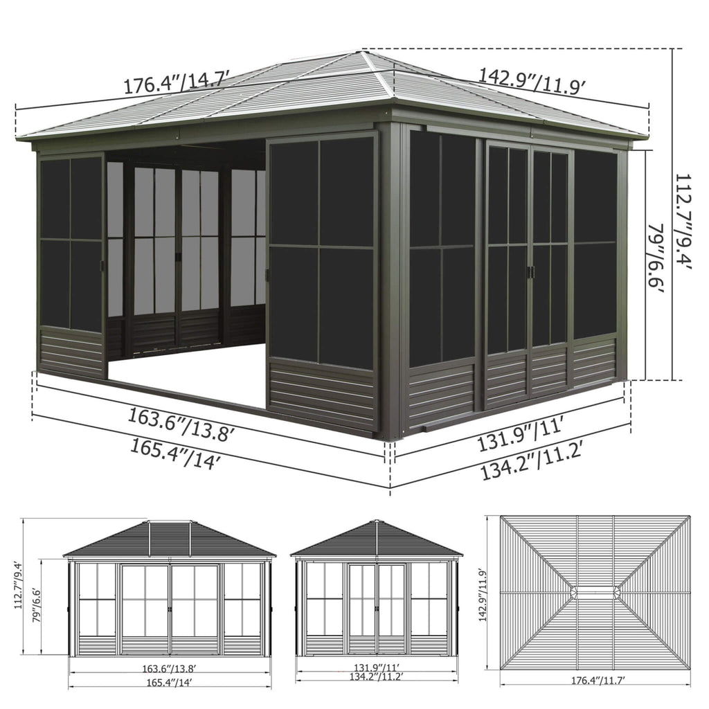[12X14FT] Premium All-Weather Outdoor Aluminum Sunroom With Galvanized Steel Hardtop Sloping Roof, Lockable Doors, And Moveable PC Screens (SAK76831)