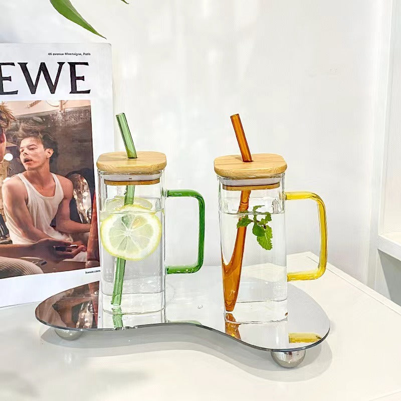 Square colored handle cup glass straw cup with lid milk tea cup with large capacity