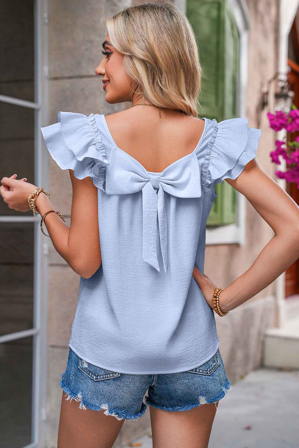 Beige Ruffle Sleeve Blouse with Textured Bow and Frilled Design