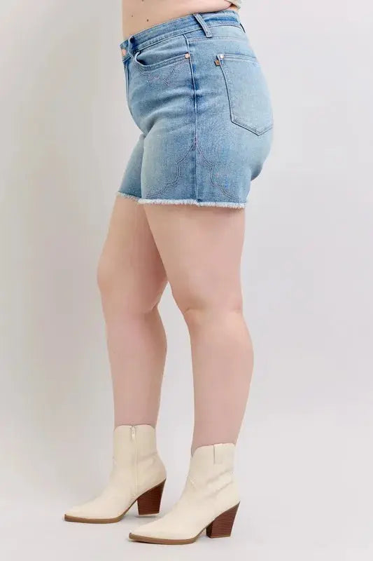 Judy Blue Jeans - Plus Size High Waist Western Embroidery Detail Cut Off Denim Shorts