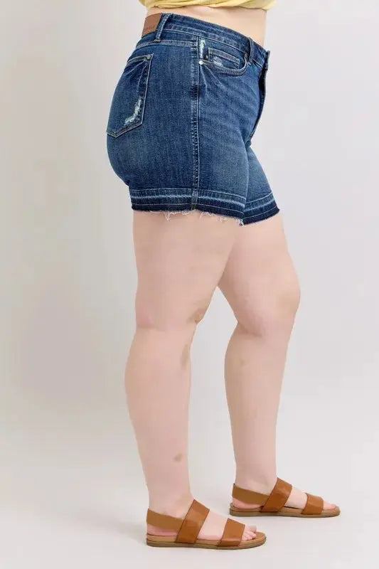 Judy Blue Jeans - Plus Size High Waist Tummy Control Destroy Release Hem Denim Shorts