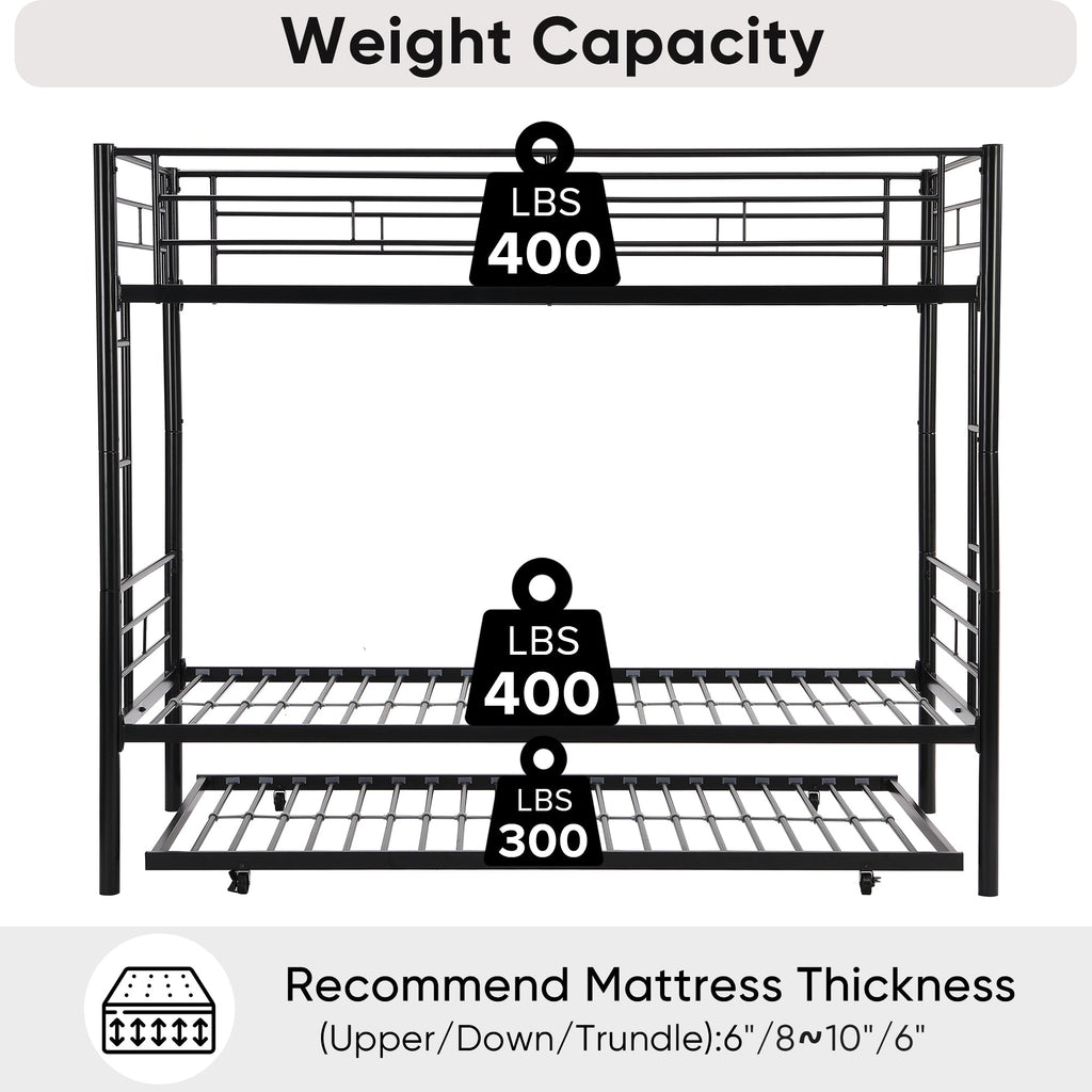 Twin bunk bed frame with trailer, metal bunk bed with sturdy guardrail and side ladder, can be divided into two beds, black